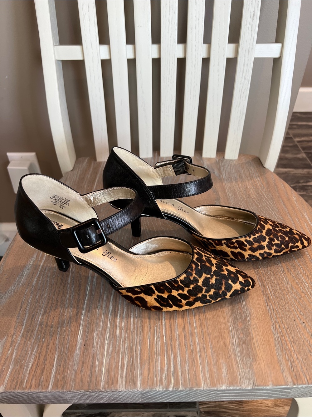 Anne Klein Leopard Pointed Toe Ankle Strap Heels - Black & Leopard - Picture 3 of 7